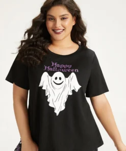 Halloween Ghost & Letter Print Crew Neck Sleep Top -Clothing Shop 134530822 np