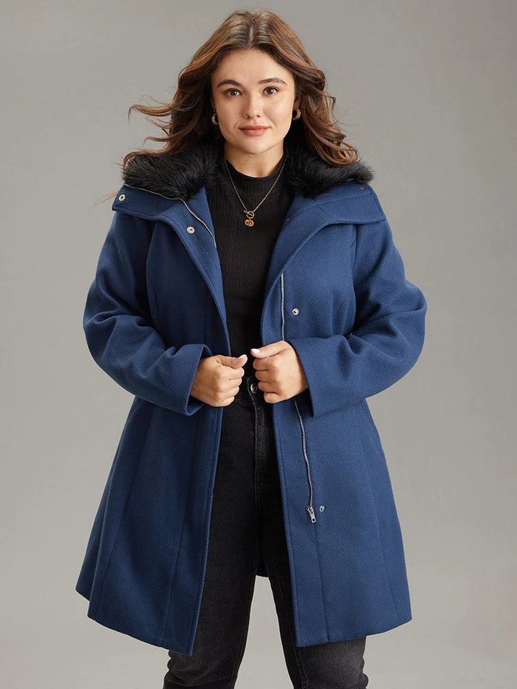 Plain Fuzzy Trim Zipper Belted Woolen Coat 5 Plain Fuzzy Trim Zipper Belted Woolen Coat - Image 3