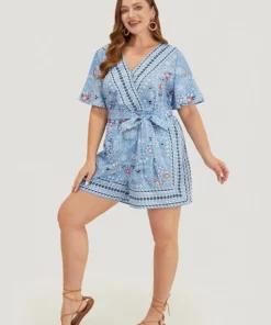 Bandana Print Belted Pocket Surplice Neck Romper -Clothing Shop 135054181 jn