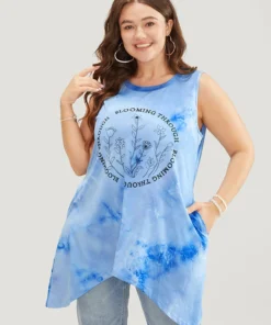 Floral & Letter Print Asymmetrical Hem Tie Dye Tank Top