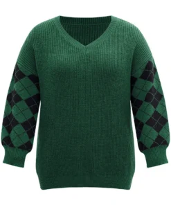 Anti-Pilling Plaid Contrast V Neck Elastic Cuffs Pullover -Clothing Shop 13556310 tb