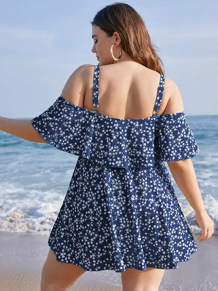 Ditsy Floral Cold Shoulder Sculpt Waist Ruffles Swim Dress 18 Ditsy Floral Cold Shoulder Sculpt Waist Ruffles Swim Dress - Image 16