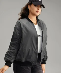 Plain Pocket Patchwork Zipper Bomber Jacket -Clothing Shop 136117344 ap