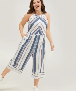 Striped Geometric Pocket Contrast Halter Neck Jumpsuit