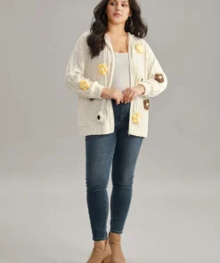 Contrast Floral Detail Textured Zipper Fly Sweatshirt -Clothing Shop 136267133 ry