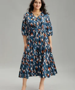 Allover Print Ruffle Layered Hem Wrap Belted Dress -Clothing Shop 136389166 lr