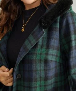 Plaid Button Fly Hooded Fuzzy Trim Coat -Clothing Shop 136666928 zd