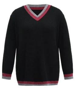 Two Tone Trim V Neck Plisse Pullover -Clothing Shop 137695247 pv