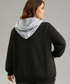 Contrast Hooded Drawstring Pocket Zipper Fly Coat -Clothing Shop 138076786 wm