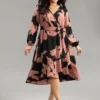 Floral Print Belted Wrap Hem Midi Dress