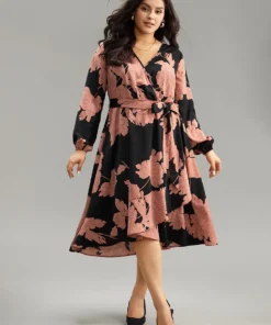 Floral Print Belted Wrap Hem Midi Dress