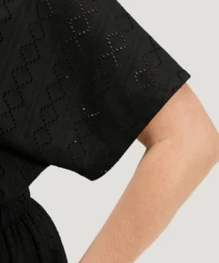 Plain Geo Eyelet Batwing Sleeve Elastic Waist Dress -Clothing Shop 139188659 ym