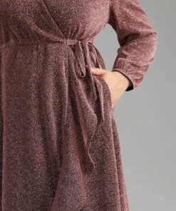 Plain Glitter Overlap Collar Ties Arc Hem Dress -Clothing Shop 140533966 ha