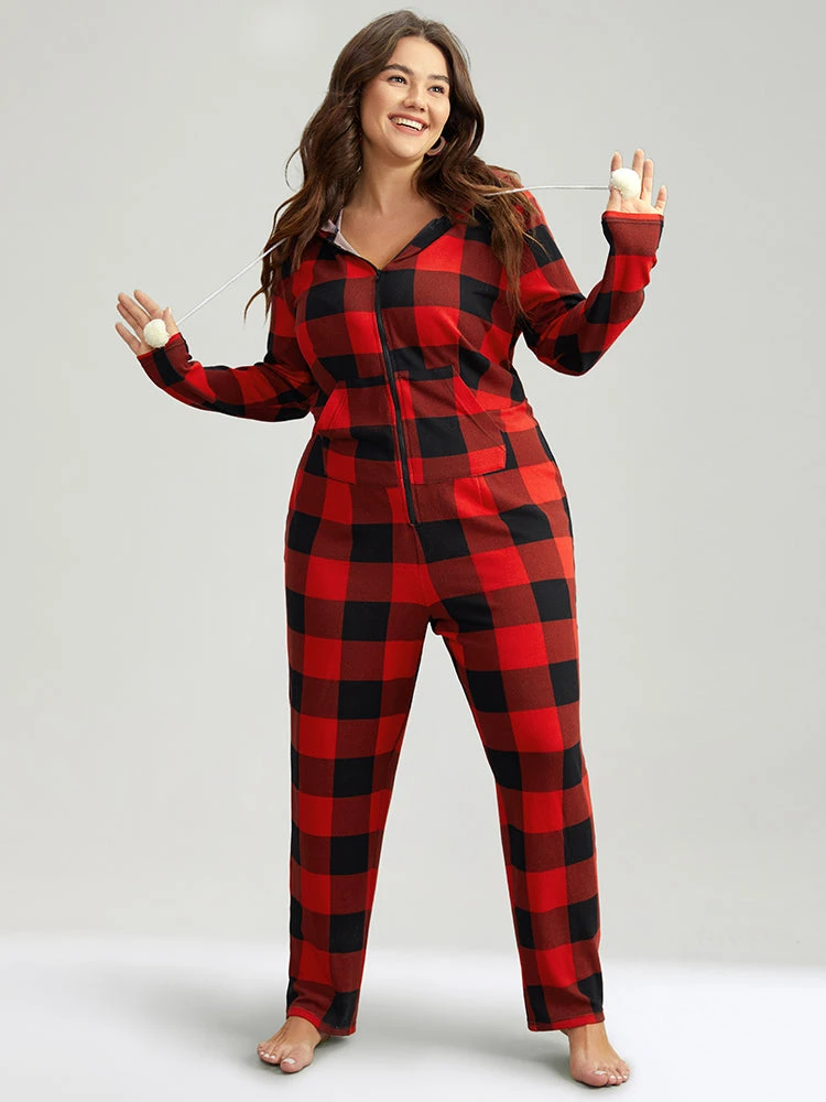 Plaid Zipper Hooded Fluffy Ball Pocket Sleep Jumpsuit 3 Plaid Zipper Hooded Fluffy Ball Pocket Sleep Jumpsuit