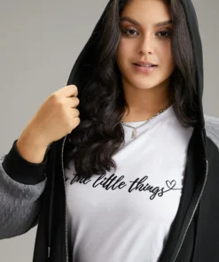 Textured Contrast Zipper Hooded Drawstring Sweatshirt -Clothing Shop 140831089 nw