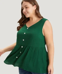 Plain Flutter Hem Button Detail Tank Top -Clothing Shop 141275801 nk