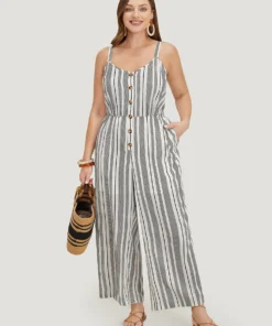 Striped Print Button Pocket Detail Cami Jumpsuit -Clothing Shop 141324045 cp