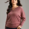 Solid Heather Keyhole Batwing Sleeve T-shirt -Clothing Shop 142279761 za