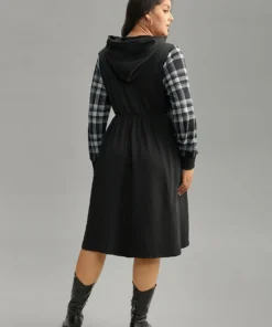 Plaid Patchwork Drawstring Pocket Hooded Dress -Clothing Shop 142936607 pe