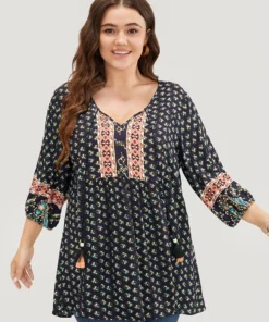 Bandana Print Lantern Sleeve Tassels Tie Neck Blouse