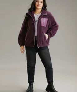 Contrast Zipper Pocket Teddy Jacket -Clothing Shop 144358673 ib