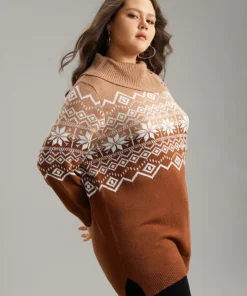 Snowflake Print Button Detail Split Side Pullover -Clothing Shop 144949118 yx