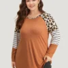 Striped Patchwork Leopard Print Crew Neck T-shirt
