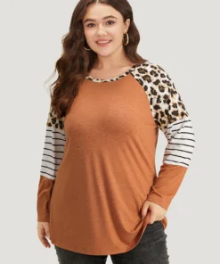 Striped Patchwork Leopard Print Crew Neck T-shirt