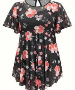 Floral Mesh Ruffle Sleeve Cut Out Adjustable Straps Swim Dress -Clothing Shop 145390376 ld