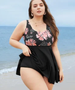 Floral Print Scoop Neck Sculpt Waist Swim Dress -Clothing Shop 145893701 im