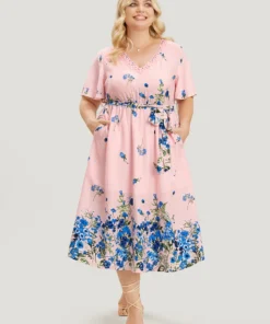 Floral & Butterfly Print Contrast Lace Pocket Belted Ruffles Dress -Clothing Shop 145954228 cd 70e3ea16 4e35 4bdc bc57 a26ea0506d16