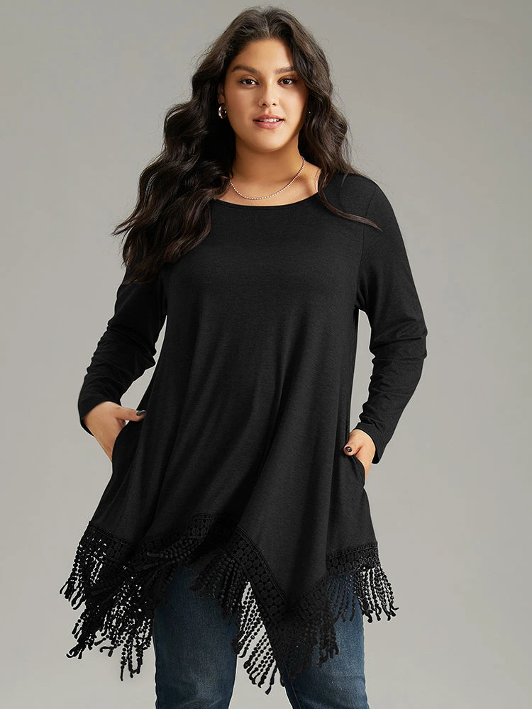 Solid Tassels Trim Pocket Asymmetrical Hem T-shirt 14 Solid Tassels Trim Pocket Asymmetrical Hem T-shirt - Image 12