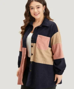 Colorblock Contrast Patchwork Pocket Button Through Jacket -Clothing Shop 146276451 tp