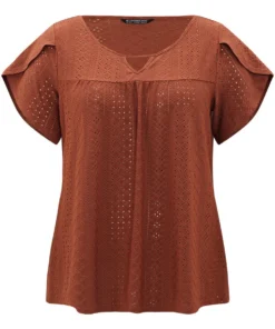 Plain Geometric Eyelet Keyhole Petal Sleeve T-shirt -Clothing Shop 146350869 vl d132af40 94f6 47a8 9f03 b209b8e8f1ee