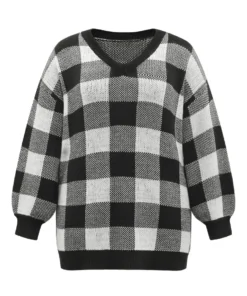 V Neck Plaid Elastic Cuffs Pullover -Clothing Shop 146484377 fc