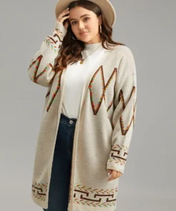 Boho Geometric Print Open Front Cardigan