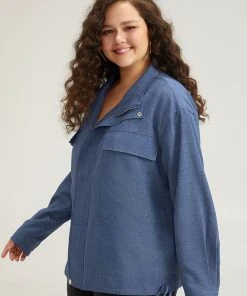 Plain Flap Pocket Zipper Lapel Collar Jacket -Clothing Shop 146895004 pu