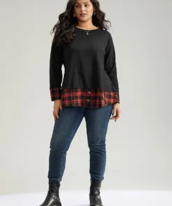 Plaid Patchwork Button Detail Curved Hem Sweatshirt -Clothing Shop 147049046 ze