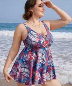 Tropical Print Wrap Ruffles Crisscross Swim Dress -Clothing Shop 147328951 yk