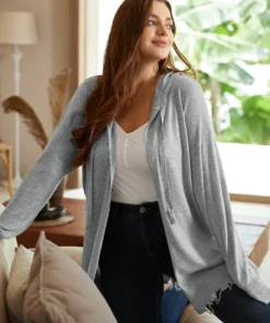 Supersoft Essentials Solid Hooded Raw Hem Drawstring Cardigan 16 Supersoft Essentials Solid Hooded Raw Hem Drawstring Cardigan -Clothing Shop 148732034 fj