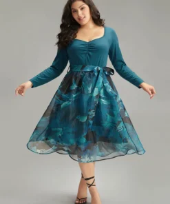 Floral Square Neck Mesh Patchwork Belted Ruched Dress