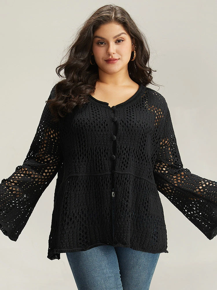 Plain Hollow Out Button Through Bell Sleeve Cardigan 13 Plain Hollow Out Button Through Bell Sleeve Cardigan - Image 11