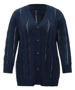 Plain Button Up Cable Knit Split Side Cardigan -Clothing Shop 14939092 ae