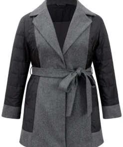 Padded Patchwork Tweed Belted Lapel Collar Coat -Clothing Shop 149396087 te