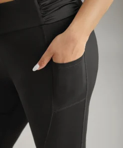 Plain Ruched Side Pocket Wideband Waist Leggings -Clothing Shop 149571088 li
