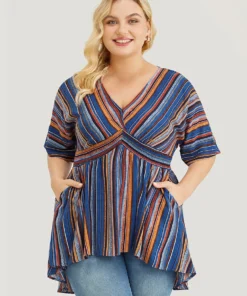 Striped Contrast Shirred Wrap High Low Hem Pocket Blouse -Clothing Shop 15054842 gj 7c14d78c 95e6 4218 9a28 bf3896143c0b
