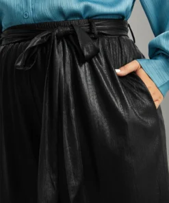 Plain Texture Belted High Rise Wide Leg Pants -Clothing Shop 150565694 jt