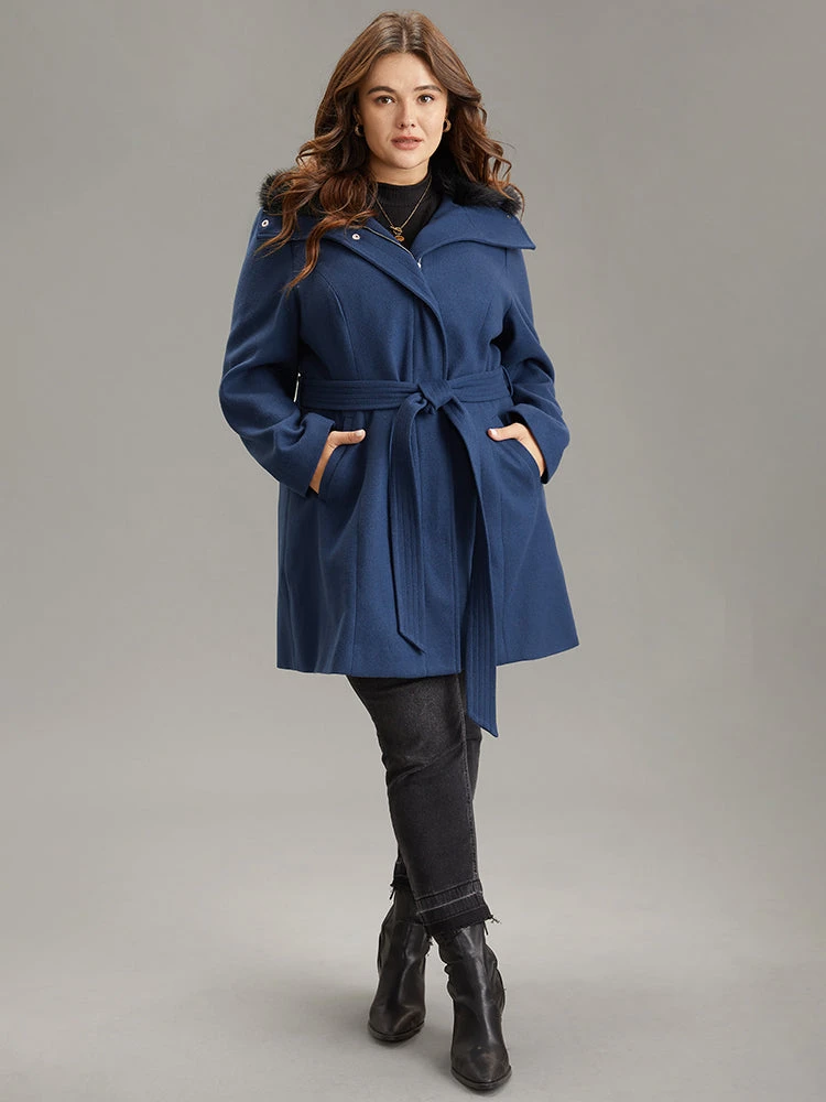 Plain Fuzzy Trim Zipper Belted Woolen Coat 6 Plain Fuzzy Trim Zipper Belted Woolen Coat - Image 4