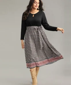 Geometric Patchwork Cut Out Belted Dress