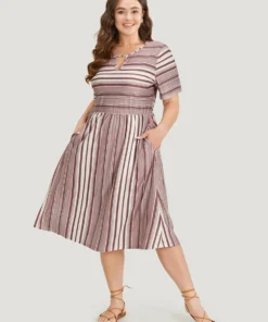 Striped Pocket Elastic Waist Keyhole Dress